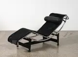 LC 4 Chaise Longue by Charlotte Perriand and Piere Jeanneret Le Corbusier, in black pony hide upholstery; originally designed in 1928, this example genuine and manufactured under license by Cassi, sold Jun 2022