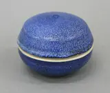 Unusual trinket box by Len Castle, stoneware with a thick mottled blue glaze, sold Jun 2022
