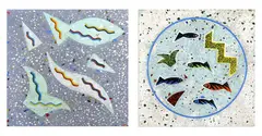Warren Tippett, Two terrazzo tiles, with enamel abstract and stylised decoration