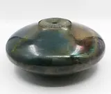 Ray Rogers, Large Squat Vase, ceramic vase of squat form with fungoid shaped top lip in iridescent muted blue and metallic greens