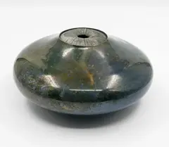 Squat Vase by Ray Rogers, ceramic vase of squat form with fungoid shaped top lip in iridescent muted blue and metallic greens, sold Jun 2022