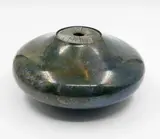 Ray Rogers, Squat Vase, ceramic vase of squat form with fungoid shaped top lip in iridescent muted blue and metallic greens