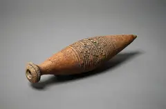 Hanging bottle form by Len Castle, stoneware with umber pigment to the textured surface, scored centre section, sold Jun 2022