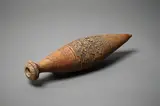 Hanging bottle form by Len Castle, stoneware with umber pigment to the textured surface, scored centre section, sold Jun 2022