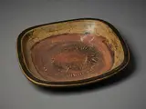 Len Castle, Large rectangular platter, stoneware with ‘tipped in’ textured clay inclusion to the well, pale green ash glaze and oxide wash