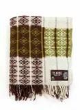 Onehunga Woollen Mills, Te Ariki travel rug, with a tukutuku panel pattern in sage green, red-brown and white