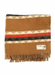 Onehunga Woollen Mills, Te Ariki travel rug, with a tukutuku panel pattern in light brown, red, white, and black