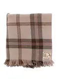 Early travel rug by Christchurch Kaiapoi Woollen Mills, with a tartan design in different shades of brown and grey, with some fine blue and green to one side only, all over gre, sold Jun 2022