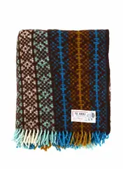 Onehunga Woollen Mills, Te Ariki travel rug, with a tukutuku panel design in brown, beige, blue, pale blue and white