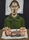 Viky Garden, Girls and Dolls, oil on hessian mounted to board