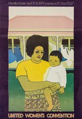 United Women's, Convention Poster Robin White Mere and Siulolovao, Otago Peninsula, screenprint