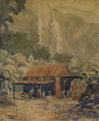 Hut at the bottom of Lake Ada, 3rd day, Milford Track by Colin Nicholls, watercolour, sold Apr 2022