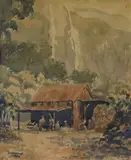 Colin Nicholls, Hut at the bottom of Lake Ada, 3rd day, Milford Track, watercolour