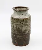Cylindrical vase by Len Castle, stoneware with ash glaze and impressed rope decoration, A/F, sold Apr 2022
