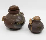 Pat Perrin, Large onion pot and another smaller pot, poured gestural glaze to the bodies, the larger with original rope handle and cork, the smaller with original cork and spoon