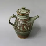 Peter Stichbury, Coffee pot, stoneware with tenmoku gestural decoration on a green-grey ground