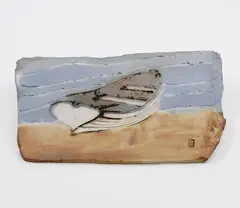 Peter Oxborough, Ceramic plaque, depicting a boat on the shore