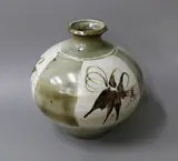 Peter Collis, Large squat vase, glazed stoneware decorated with gestural floral panels reserved on a grey ground