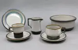 Bing & Grøndahl, Set of stoneware, Denmark, ‘Tema’ pattern, comprising 3 coffee cups and 5 saucers 305, 3 teacups (one with repair to handle) and 5 saucers 475, one sugar bowl 302, one milk jug 303, 10 side plates 306, 1 small bowl 574, 1 serving bowl 512