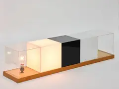 Bill Culbert, Five Cubes to Black: Daylight to Nighlight, five perspex boxes on wooden base with electric fittings, 1976