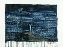 Bulldog on a Beach, Auckland Islands by Bill Hammond, acrylic and metallic pigment on paper, offered Apr 2022