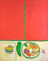 David Armitage, Still Life with Fruit Bowl and Teapot, acrylic and dyes on canvas