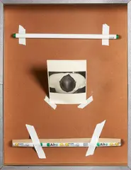 Simon Denny, Close Haircut Leaning with Cigar in Textured Metal Lightbox, laser print on A4 paper, conservator’s tape, fluorescent tube and packaging, textured aluminium frame