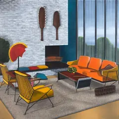 Untitled (Clubs, Basket, Beater and Feather Helmet) by Graham Fletcher, acrylic on canvas, sold Dec 2021