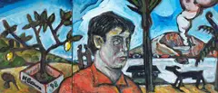 Lemon Tree Self Portrait by Nigel Brown, acrylic on canvas, triptych, sold Dec 2021
