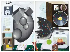 Observing Young Woman’s Dress Sense by Andrew McLeod, silkscreen, oil, gouache, and graphite on canvas, diptych, offered Dec 2021