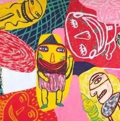 Jennifer Dolezel, Welcoming in all Sorts of Happiness, mixed media on linen mounted to board