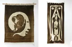 Edwin Scheier, Two wall-hanging tapestries, wool weavings with symbolic scenes in brown and white