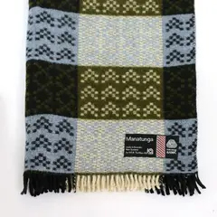 Manatunga, Travel rug, with a tukutuku panel pattern in pale blue, olive green, black and white