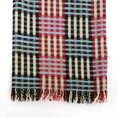 Manatunga, Travel rug, decorated with a tukutuku panel pattern in pink, blue, white and black
