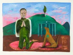 Sarah Guppy, Green Man Praying, oil on paper