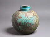 Graeme Storm, Large stoneware vase, with carved decoration and blue and brown glaze