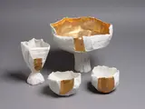 Paola Paronetto, Four paper clay ceramics, each unique, with hand-applied gold leaf