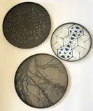 Notre Monde, Three large wooden trays, manufacturer stamp to the bases