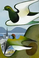 Don Binney, Kereru over Dunedin, oil on board