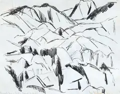 Colin McCahon, Pangatotara - looking towards Motueka, ink on paper