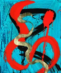 River of Flames by Max Gimblett, gesso, acrylic and vinyl polymers, epoxy, aqua size, lemon gold leaf and acrylic overcoat on canvas, sold Nov 2021