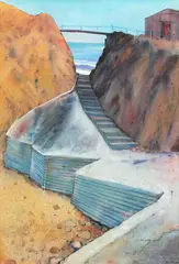 Doris Lusk, The Embankment, acrylic and coloured pencil on canvas laid onto board