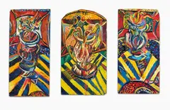 Philip Clairmont, The Axis of Vases, oil and mixed media on board, triptych