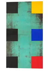 “Rustic appearances must be removed” (Primary) by Stephen Bambury, acrylic and chemical action on brass, two panels, sold Aug 2021