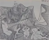 Bacchanal with Pair of Lovers and Owl by Pablo Picasso, linocut, sold Mar 2021