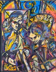 Philip Clairmont, Portrait of Jim and Mary Barr, oil and gouache on paper and card