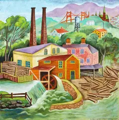 Sawmill (After Tibor Gergely) by Dick Frizzell, oil on linen, offered Feb 2021