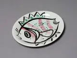 Frank Carpay for Crown Lynn, Hand potted oval platter, hand painted ceramic with a stylised fish in black, green and red, C.1950s