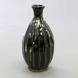 Mitsuru Kimura, Ribbed bottle vase, stoneware with thick nuka glaze drops over tenmoku