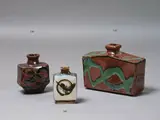Japanese Studio Pottery, Small slab vase attributed to Kawai Takeichi, stoneware with cream, blue and brown glazes, painted with stylised floral medallions